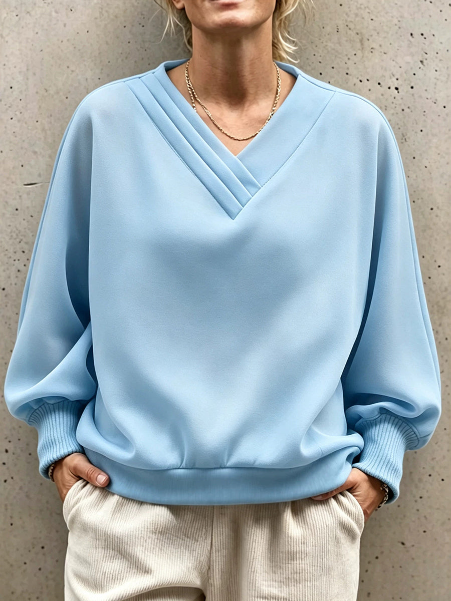 Cozy Pleated V-Neck Relaxed Sweatshirt