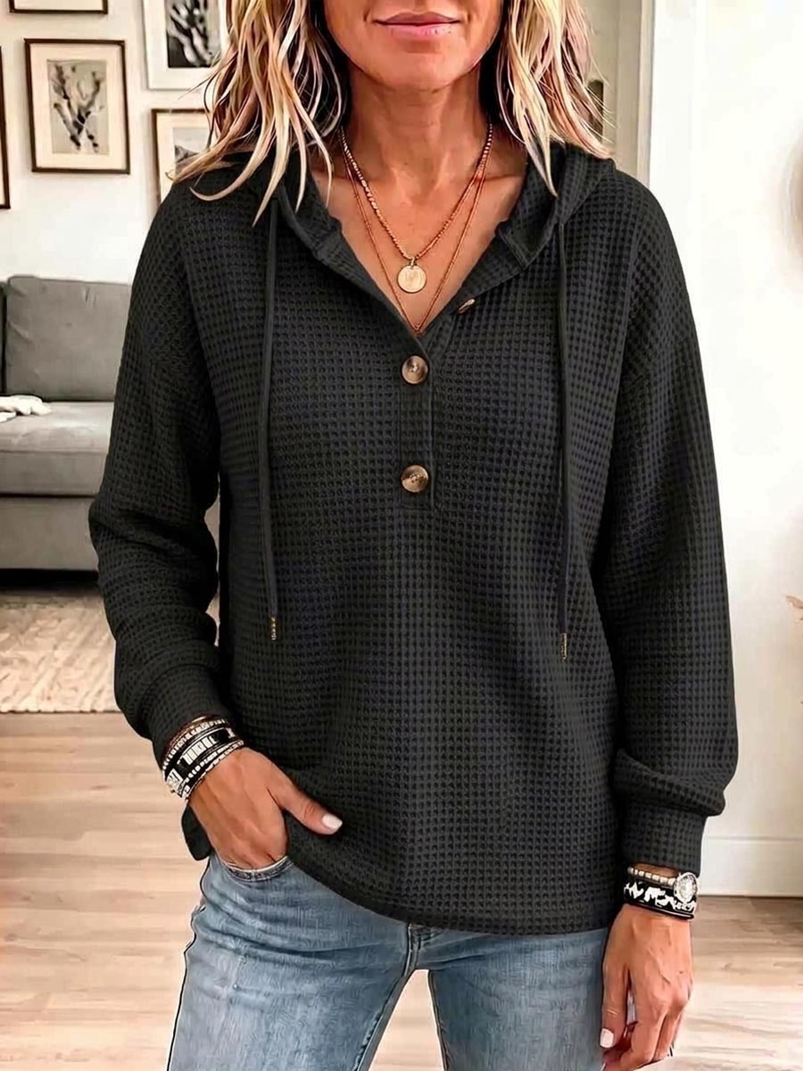 Women's Solid Color V-neck Long-sleeve Casual Loose Waffle Knit Hooded Top