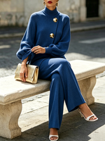 Elegant Royal Blue Asymmetric Knit Top With Gold-tone Button