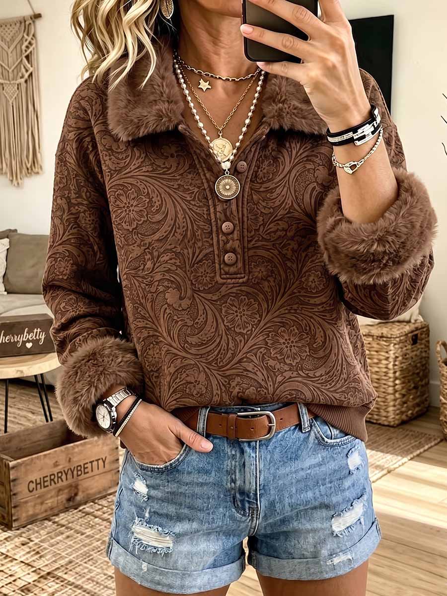 Women's Vintage Print Faux Suede & Plush Patchwork Top – Long Sleeve, Loose Fit, Plush Fold-over Collar