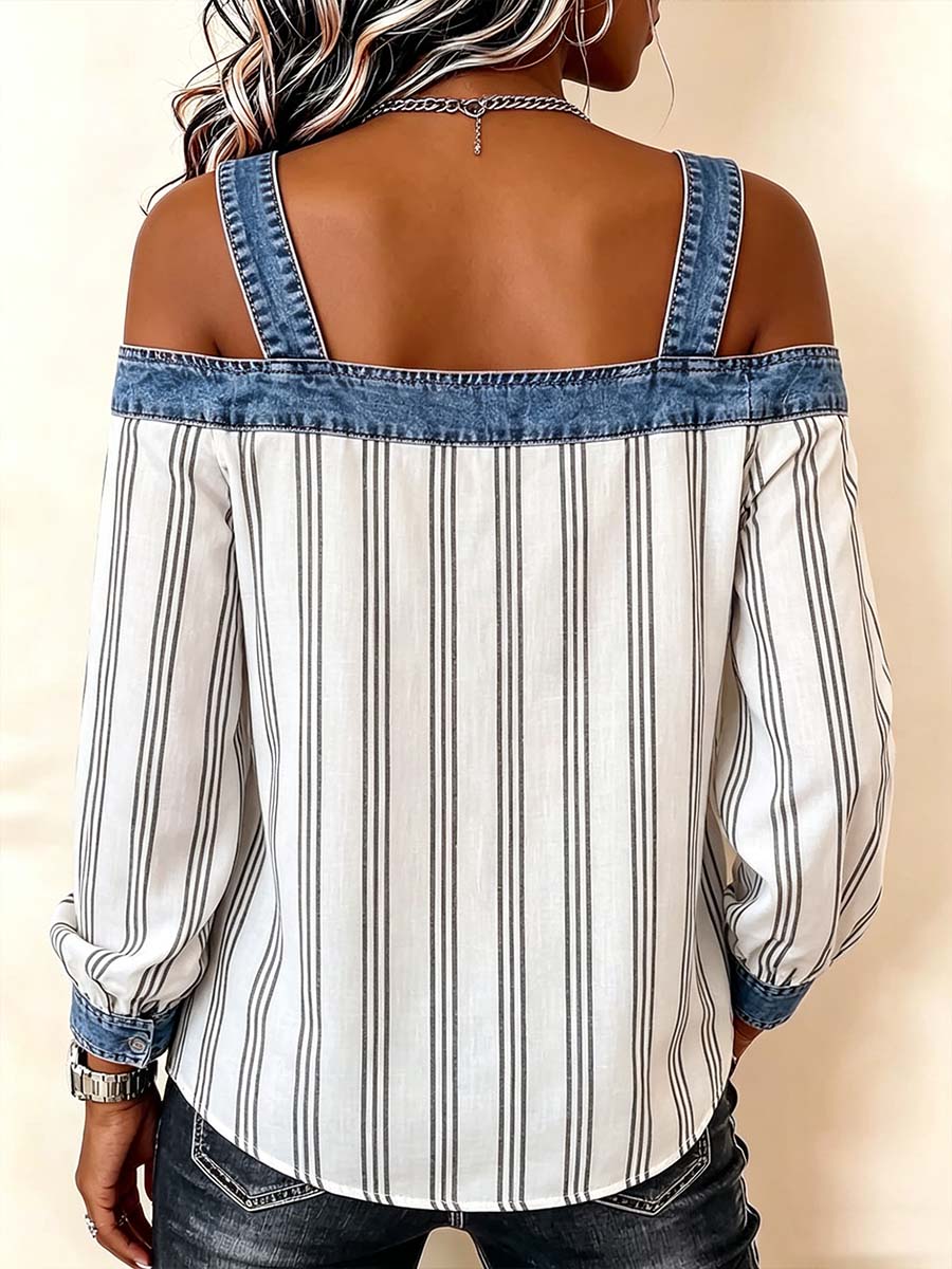 Damen-Langarmshirt mit Streifenmuster, lässig-locker, schulterfrei, mit Denim-Einsätzen