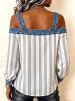Damen-Langarmshirt mit Streifenmuster, lässig-locker, schulterfrei, mit Denim-Einsätzen
