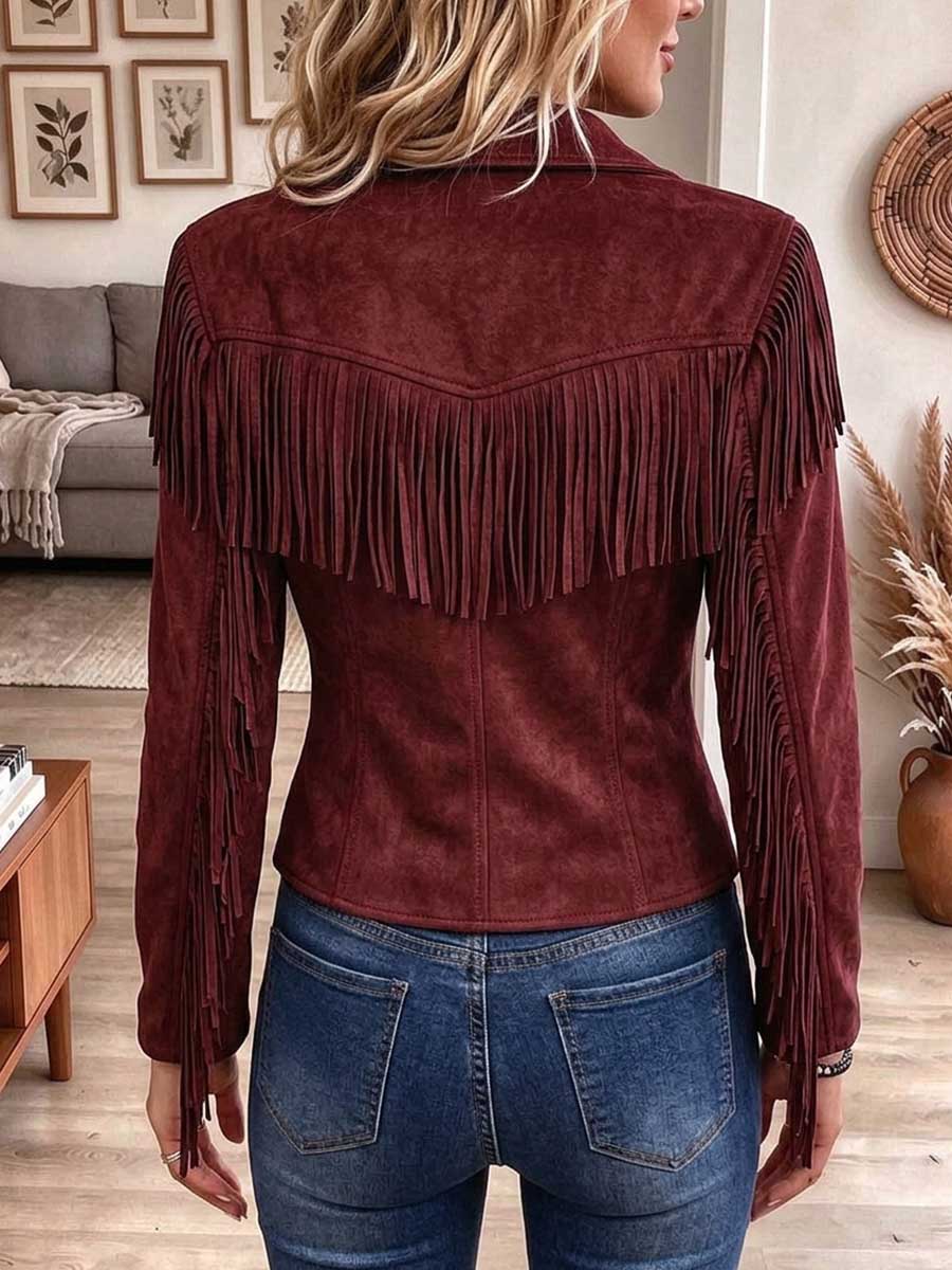 Chaqueta con botones y flecos de ante sintético estilo occidental para mujer