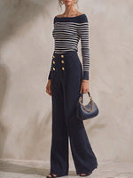 Women's 2-piece Set: Boat-neck Long-sleeve Loose Color-block Striped Knit Top & High-waisted Solid-color Wide-leg Pants With Metal Buckle Detail