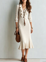 Cozy Ruffled V-neck Cotton Knit Fishtail Midi Skirt