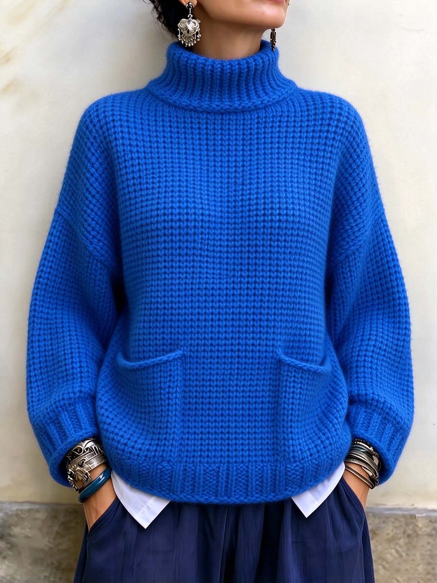 Women's Chunky Knit Turtleneck Sweater With Pockets