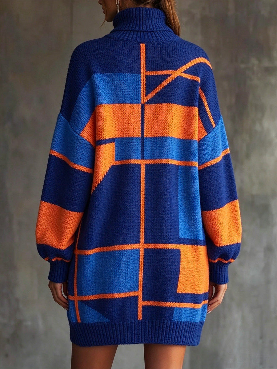 Accogliente abito maglione in maglia a collo alto con blocchi di colore