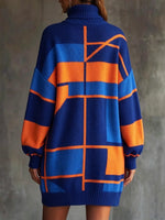 Accogliente abito maglione in maglia a collo alto con blocchi di colore