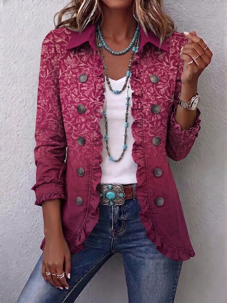 Boho-style Vintage Floral Print Ruffled Jacket