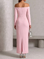 Off‑shoulder 3d Floral Long‑sleeve Fitted Maxi Dress