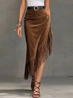 Women's High-waisted Casual Loose Faux Suede Tassel Skirt