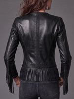 Chic Braided-Trim Fringed Leather Jacket