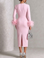 Square-neck, Long-sleeve, High-waisted, Slimming Dress With Feather Embellishment