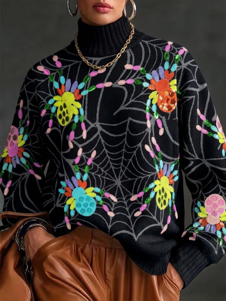 Cozy, Colorful Knit Turtleneck Featuring A Spider And Web Print.