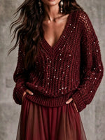 Chic Burgundy Sequin Open-Knit V-Neck Sweater