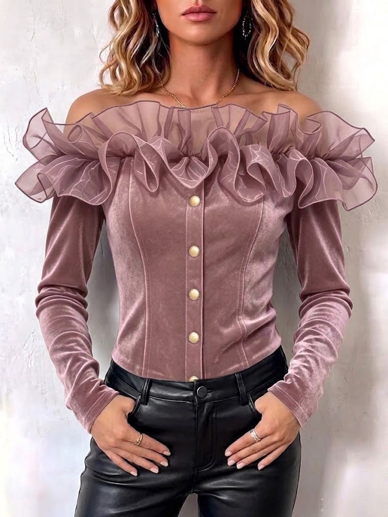Tulle Ruffle Off‑shoulder Velvet Fitted Long‑sleeve Top