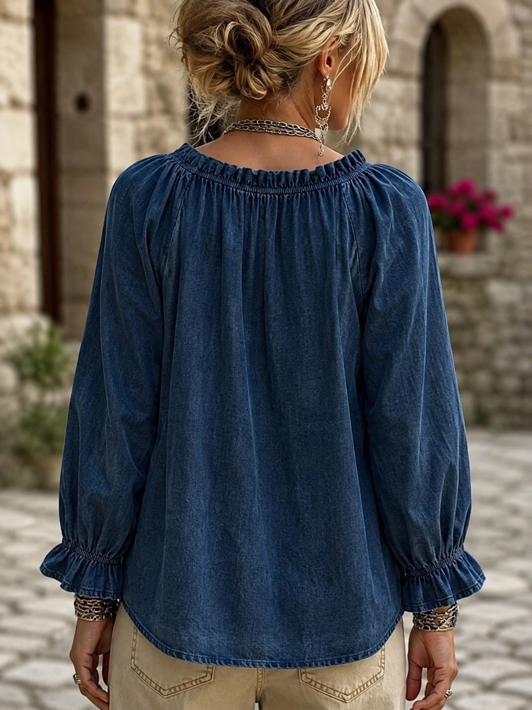 Ruffled V-neck Denim Shirt