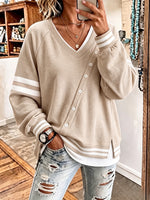 Chic Asymmetric Buttoned Stripe Sweatshirt