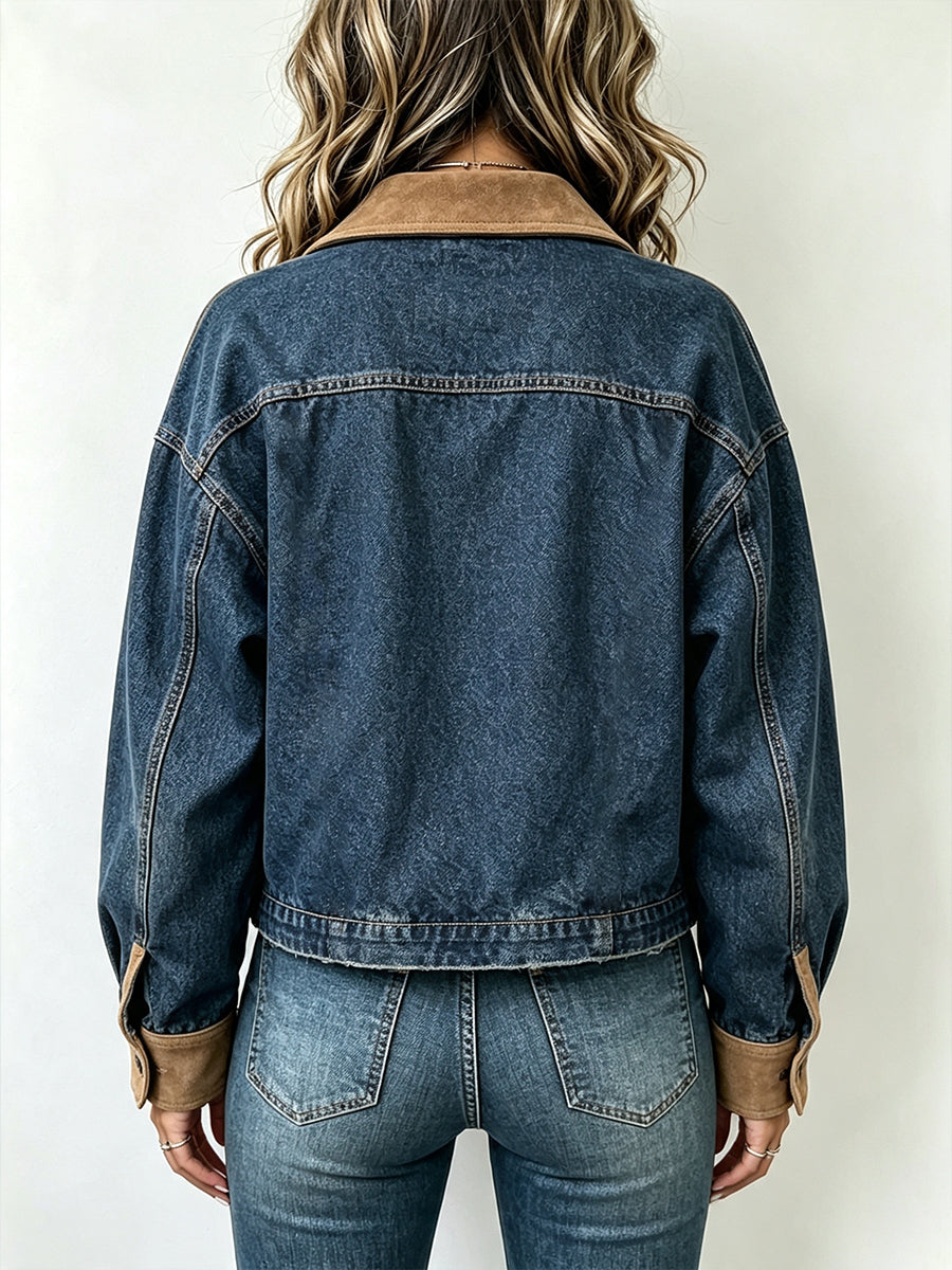 Casual Cropped Denim Jacket With Faux Suede Paneling And Zip Fastening