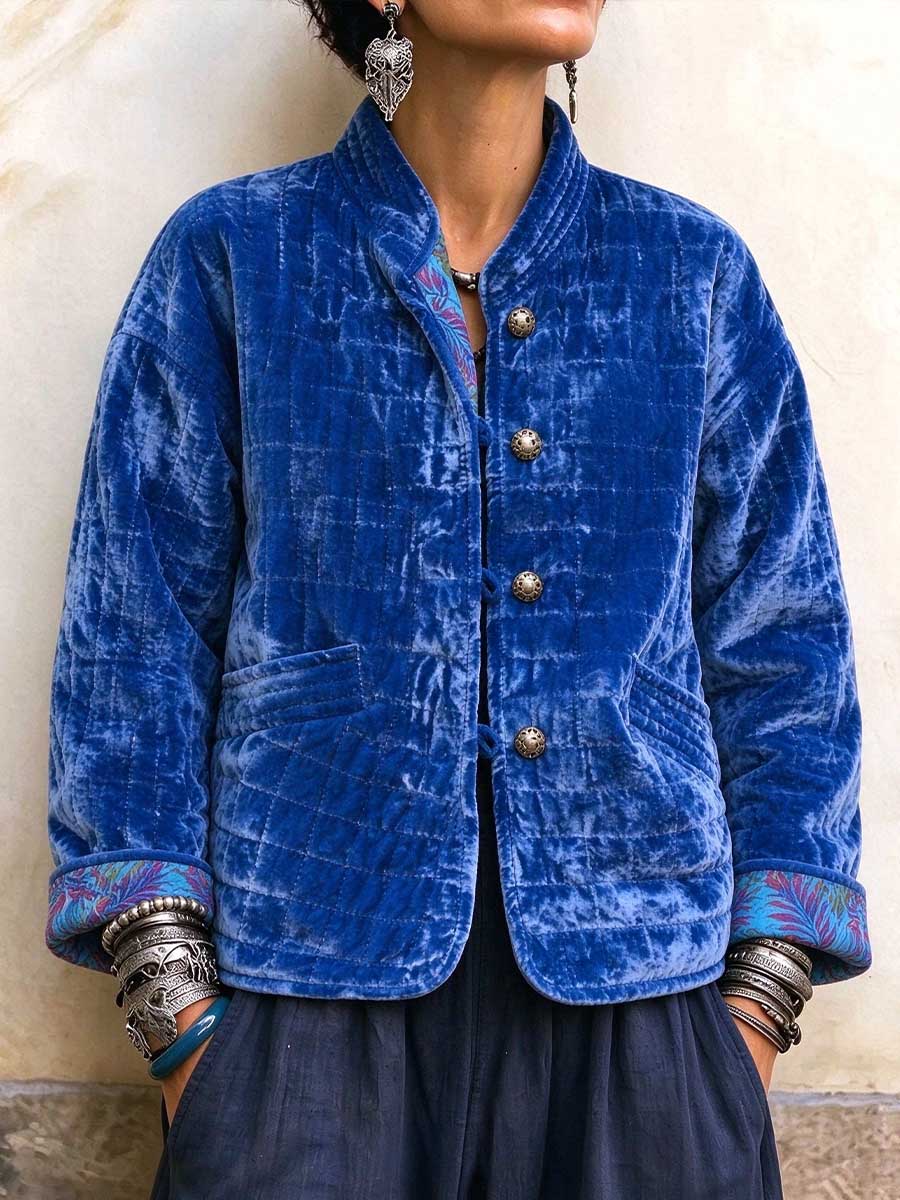 Chaqueta acolchada de terciopelo con botones vintage de mujer de color azul