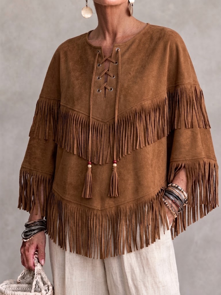 Etna Stilo Faux Suede Franĝa Veŝto Kun Batwing Manikoj