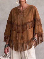 Etna Stilo Faux Suede Franĝa Veŝto Kun Batwing Manikoj