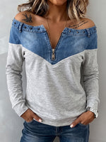 Edgy Off-the-Shoulder Denim-Spliced Zip Pullover