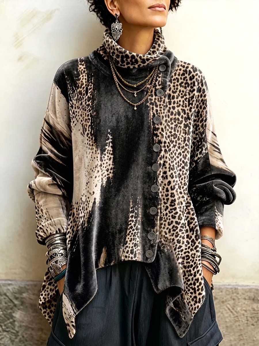 Top in velluto da donna con stampa astratta, collo alto, maniche lunghe, vestibilità ampia