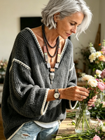 Relaxed Oversized Contrast Trim Dark Grey Sweater