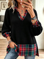 Top in maglia a coste casual con pannelli scozzesi a tema natalizio