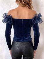 Tulle Ruffle Off‑shoulder Velvet Fitted Long‑sleeve Top