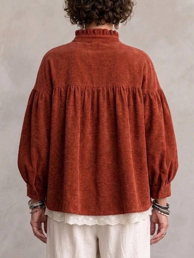 Chaqueta holgada de pana con cuello alto con borde de lechuga, detalles florales y botones de metal