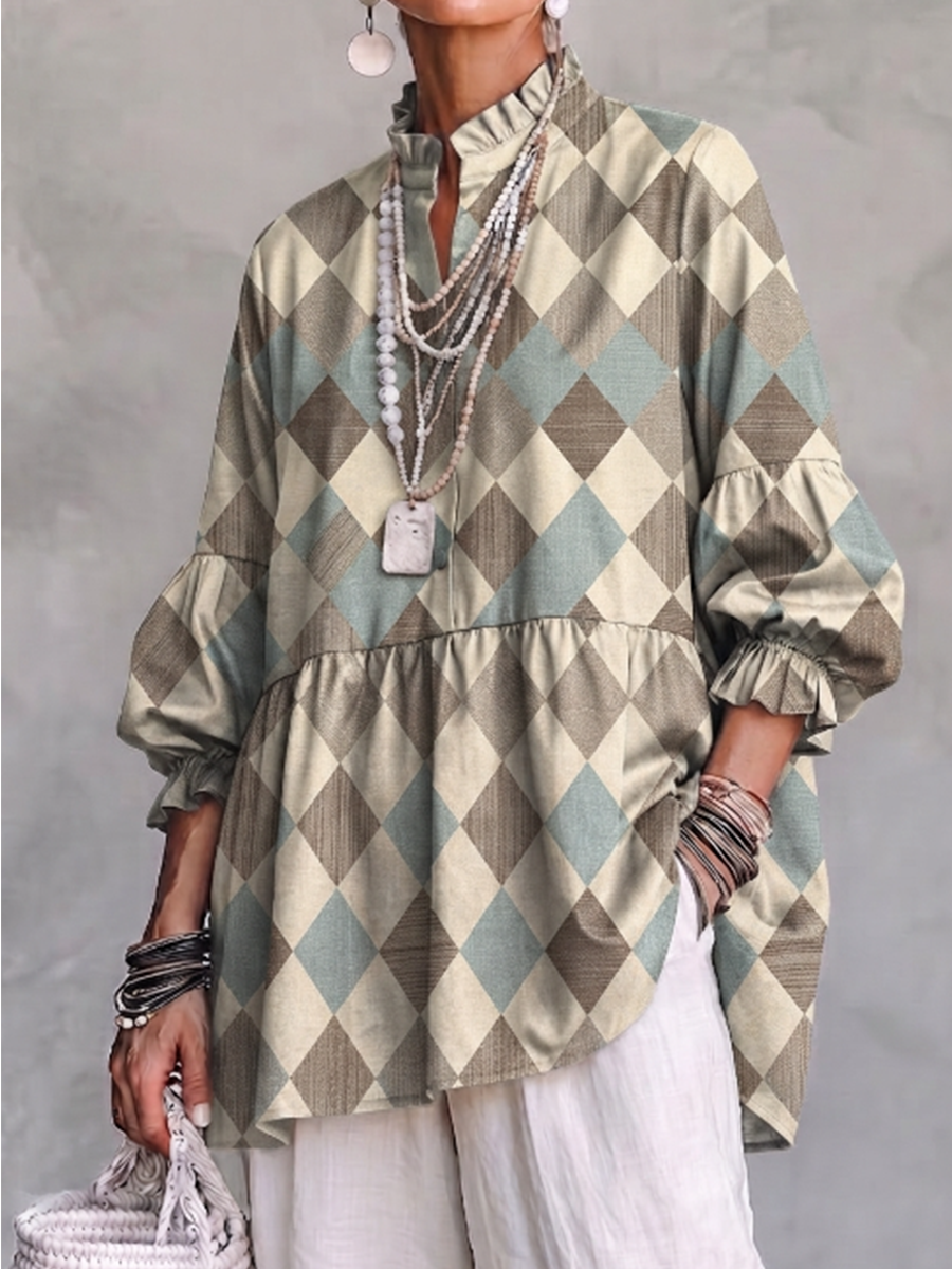 Artistic-style Linen Ruffle Top With A Diamond-patterned Texture