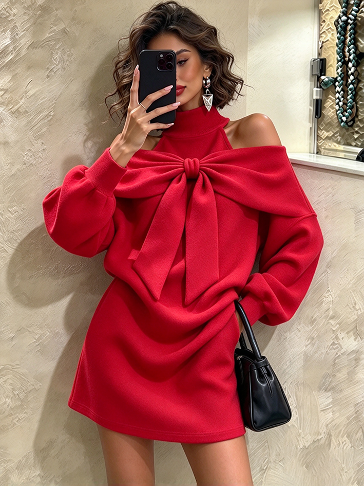 Vestido rojo elegante con lazo y hombros descubiertos