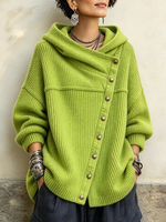 Ŝika Oversized Ribbed Asimetria Butona Kapuĉa Svetero