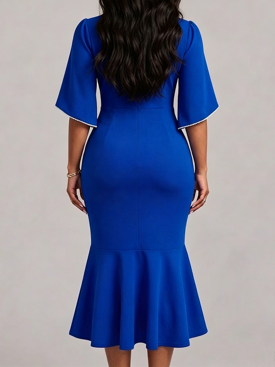 3d Floral Applique Flare Sleeve Mermaid Midi Dress
