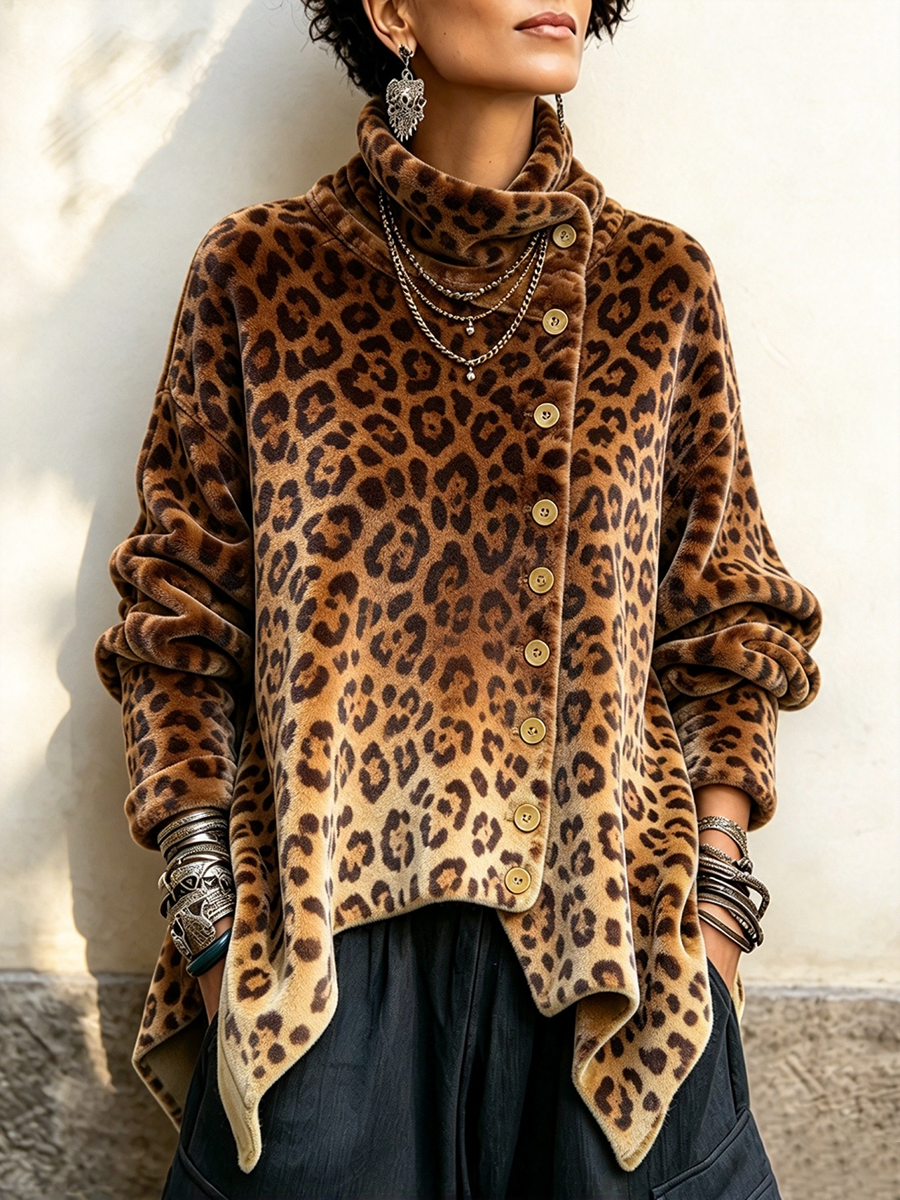 Top de terciopelo asimétrico con cuello alto y estampado de leopardo atrevido