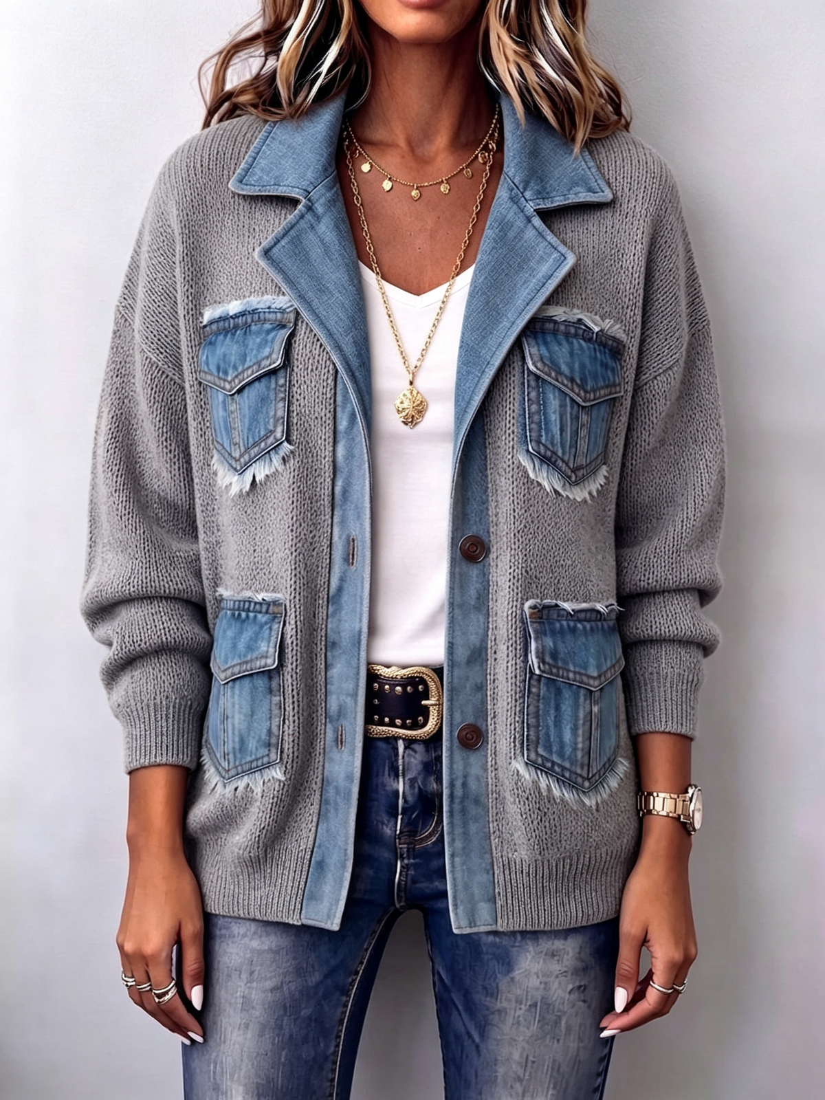 Cozy And Stylish Denim-trimmed Knit Jacket