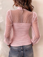 Ŝika Sheer Glitter Mesh Altkolo Long-manika Supro