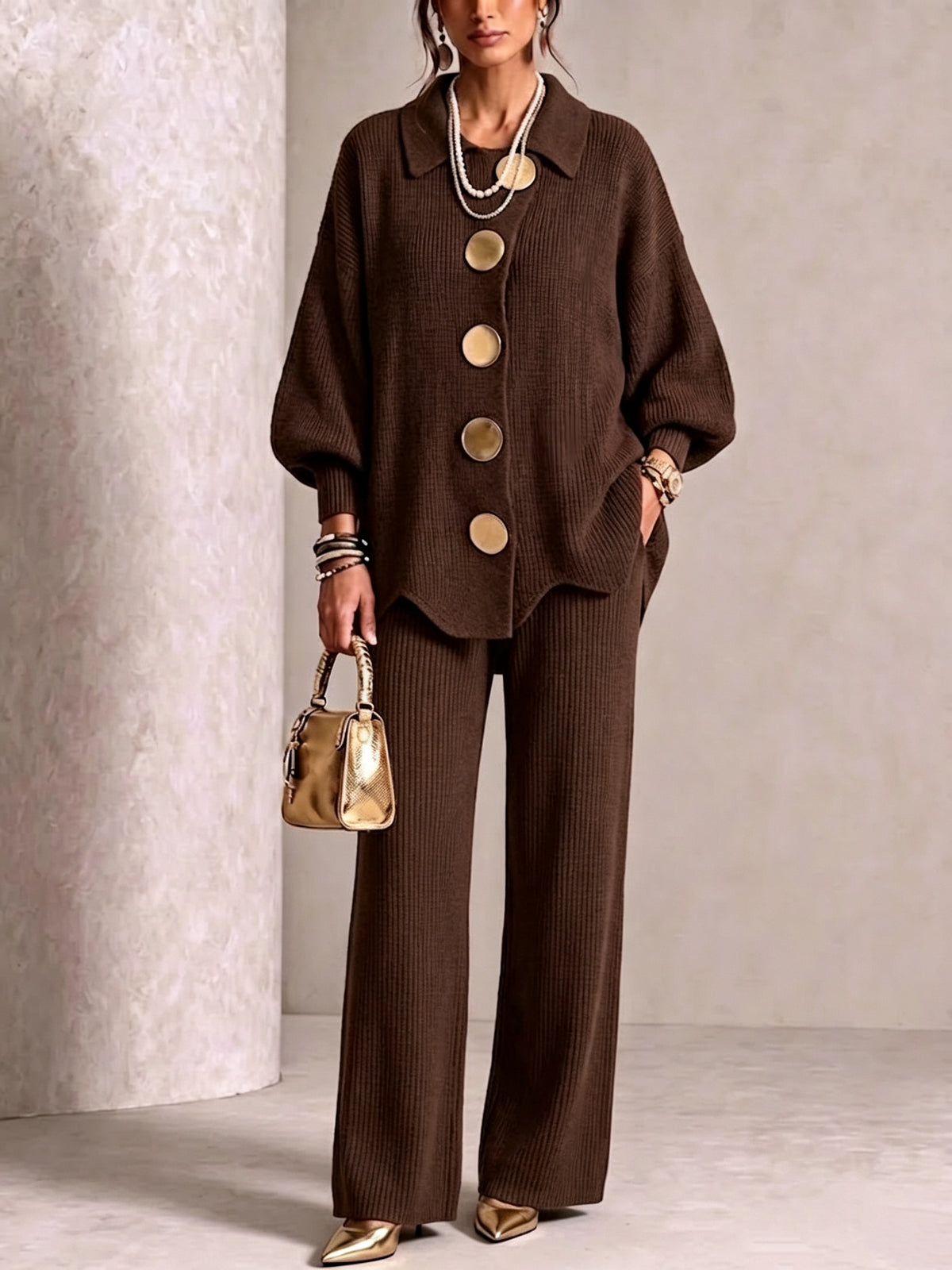 Collared Large Metal‑button Knit Cardigan & Wide‑leg Pants Two‑piece Set