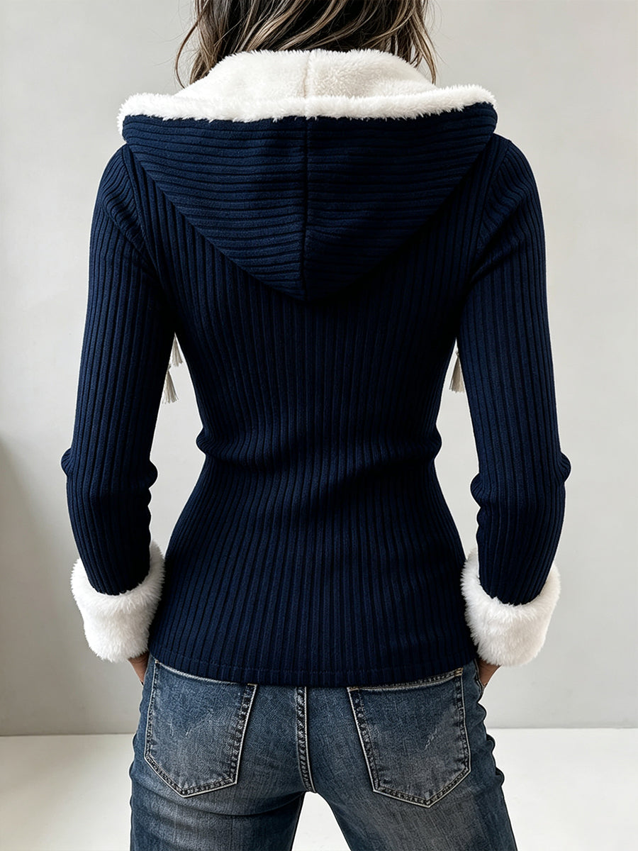 Cozy Faux Fur Trim Hooded Ribbed Knit Top
