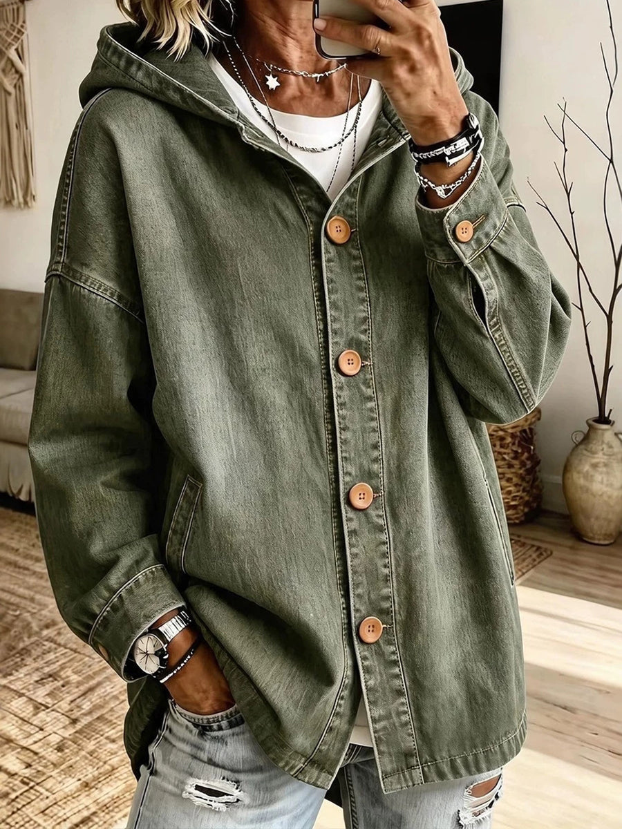 Lässige Jeansjacke mit Kapuze und Knopfleiste vorne
