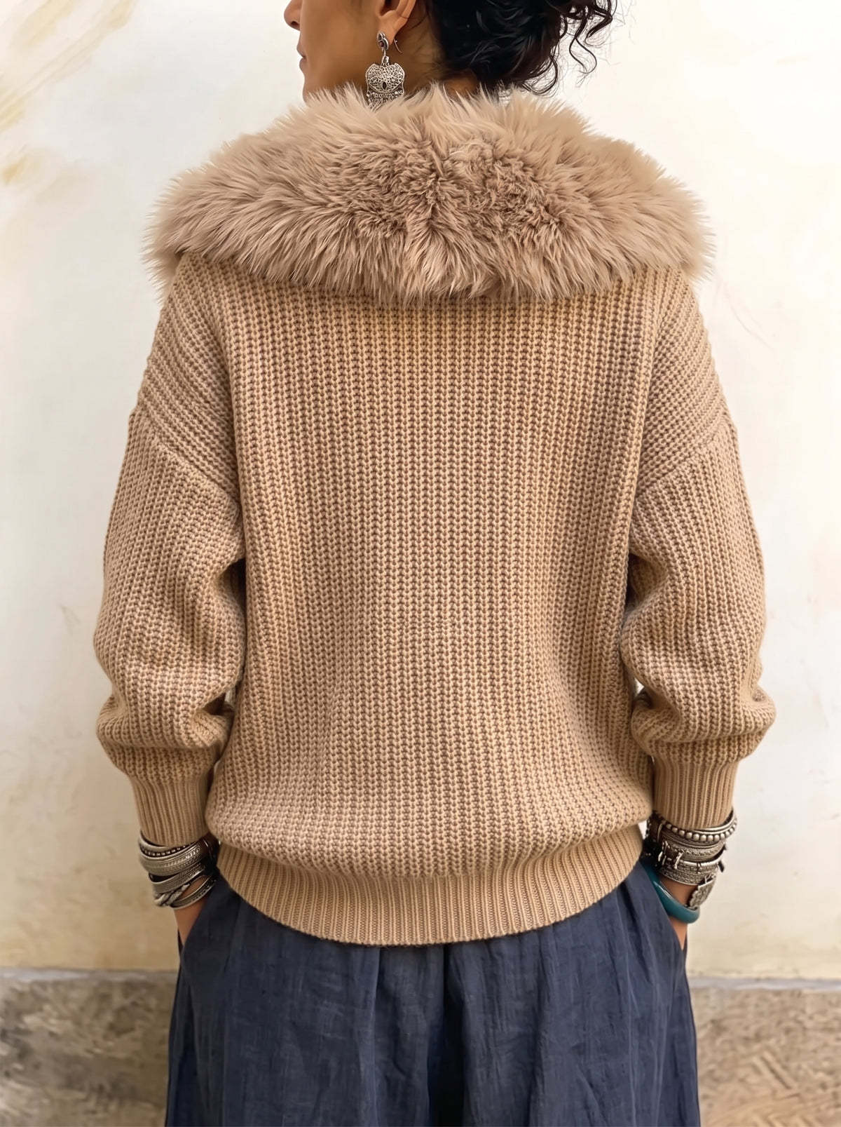 Cárdigan de punto acanalado con cuello de piel sintética para mujer - Chaqueta suéter gruesa con cremallera asimétrica