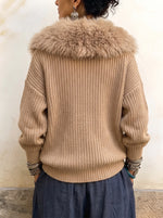 Cárdigan de punto acanalado con cuello de piel sintética para mujer - Chaqueta suéter gruesa con cremallera asimétrica