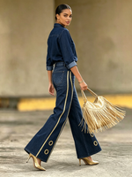 Retro-chic Stretch Denim Flare Jeans With Metallic Gold Accents