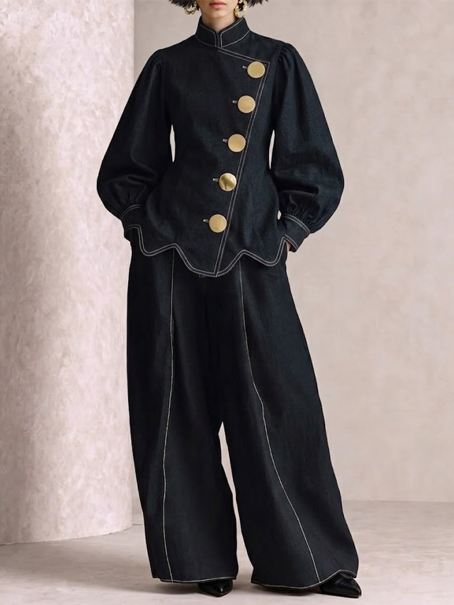 Stand‑collar Diagonal Placket Large Metal Button Top & Wide‑leg Pants Denim Set