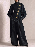 Stand‑collar Diagonal Placket Large Metal Button Top & Wide‑leg Pants Denim Set