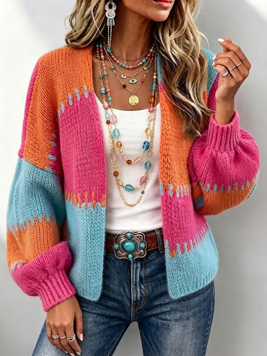 Boho Colorblock Chunky Knit Oversized Cardigan Sweater