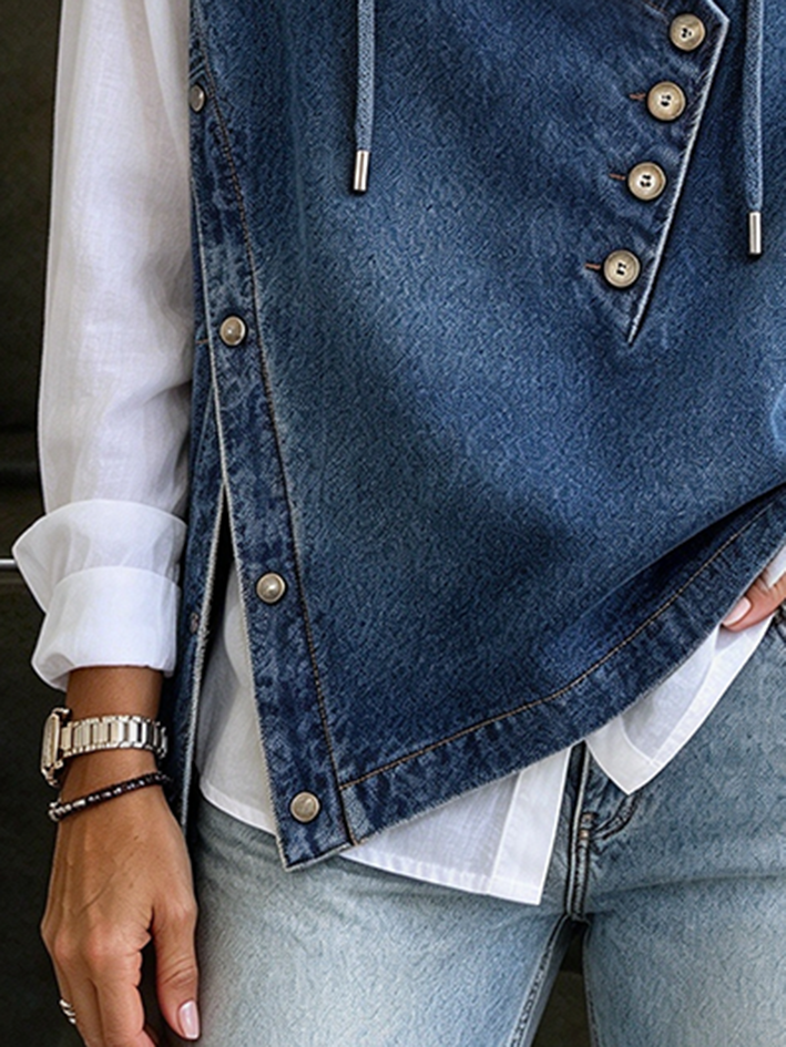 Eleganta Casual Nesimetria Butono Kolo Denim Kapuĉita