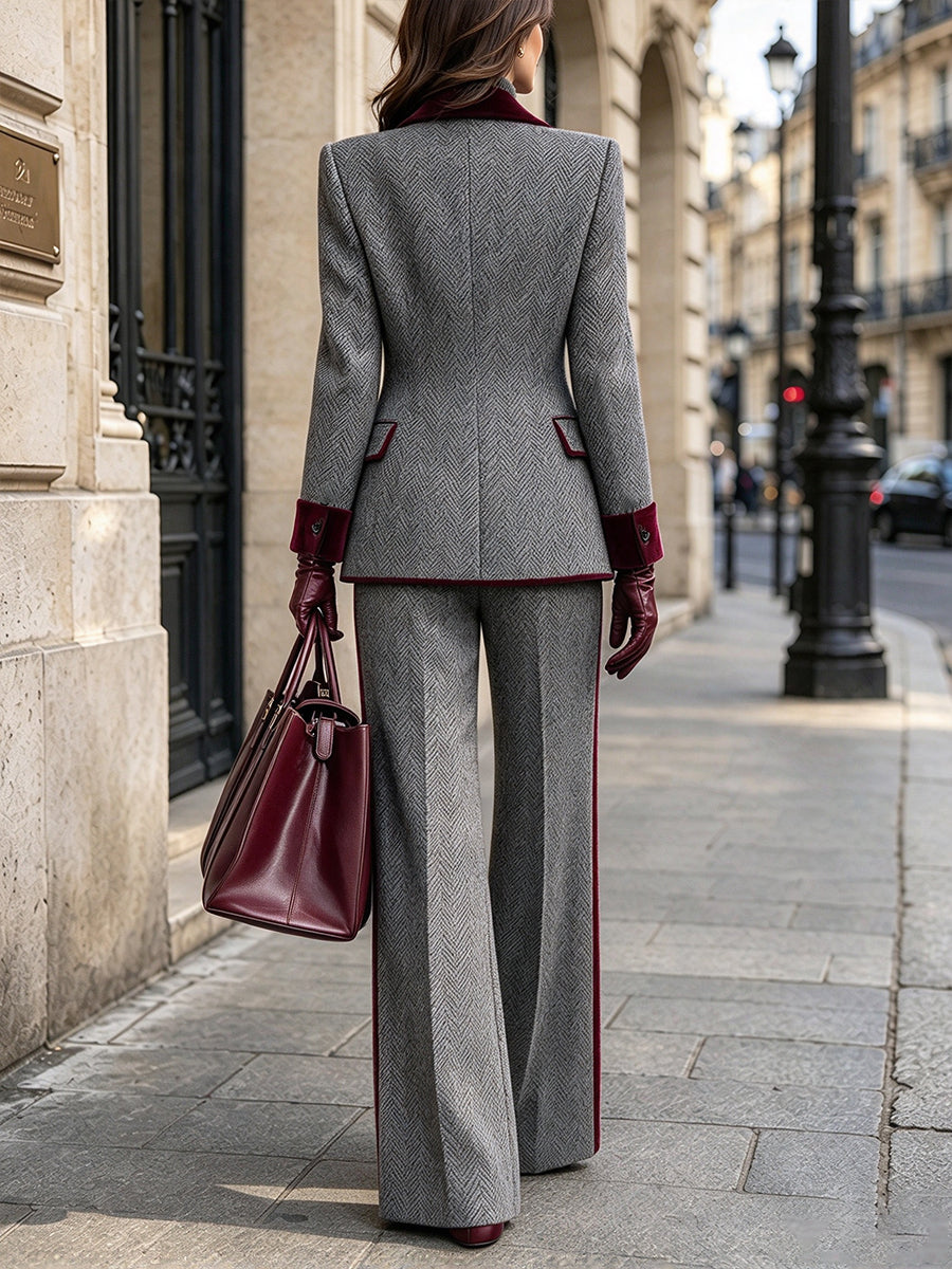Vintage-inspiro Eleganta Herringbone Lano-miksa Blazero